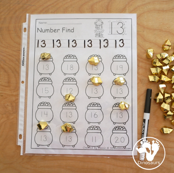 St Patrick's Day Number Find - with numerical number and number word for kids to work on tracing and finding - 3Dinosaurs.com