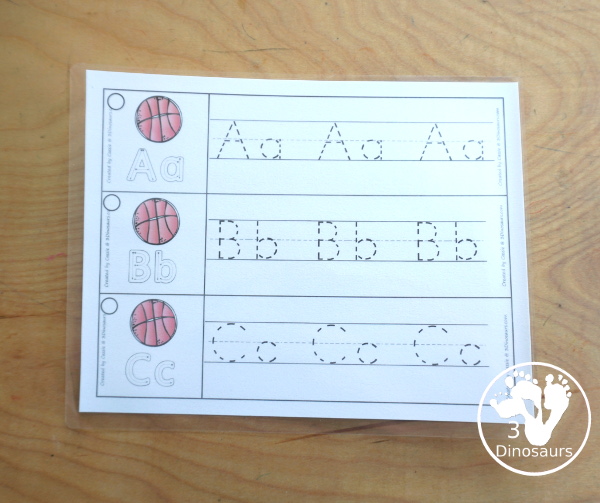 Free Basketball ABC Tracing Strips - with uppercase and lowercase together. You have fun kids with a basketball plus you can see an example of how to trace the letters - 3Dinosaurs.com