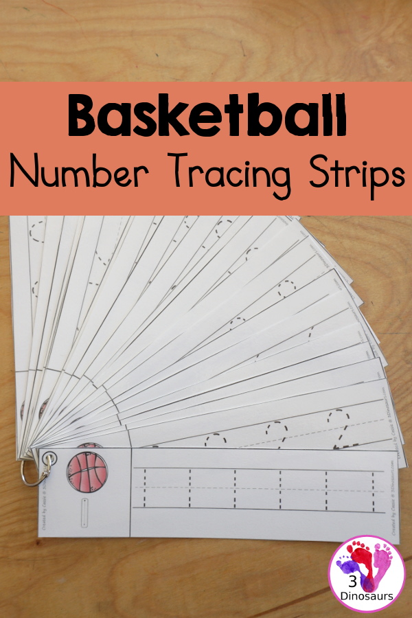 Free Basketball Number Tracing Strips - with numbers 0 to 20. You can tracing the numbers and an example of how to trace the numbers on the strips, plus a basketball on each tracing stip. - 3Dinosaurs.com