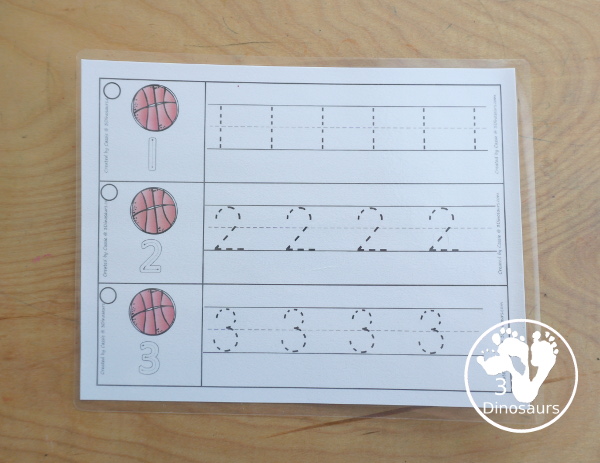 Free Basketball Number Tracing Strips - with numbers 0 to 20. You can tracing the numbers and an example of how to trace the numbers on the strips, plus a basketball on each tracing stip. - 3Dinosaurs.com