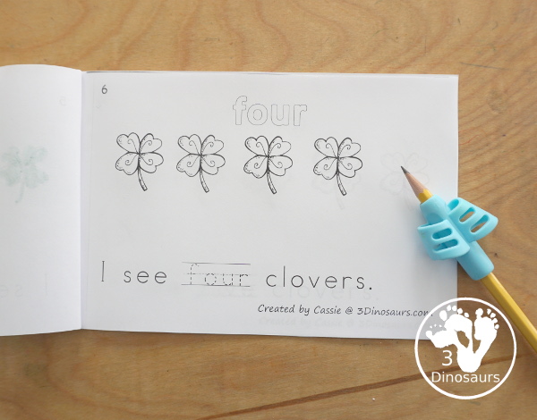 Free Clover Number Word Counting Book Printable - with numbers from - to 10 for tracing, coloring and counting clover - 3Dinosaurs.com