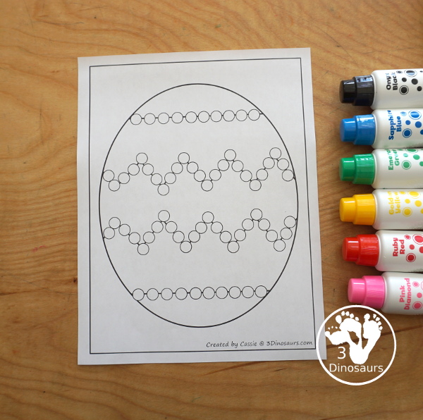 Free Easter Egg Fine Motor Mat Printables -  with four pages of printables with easter egg template to color, easter egg to trace, easter egg to q-tip and a dot marker easter egg, all great for Easter. - 3Dinosaurs.com