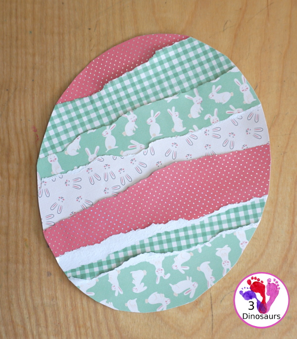 Torn Paper Easter Eggs With Scrapbook Paper A great Easter Egg craft that kids can make and display that work on tearing paper and cutting with scissors. - 3Dinosaurs.com