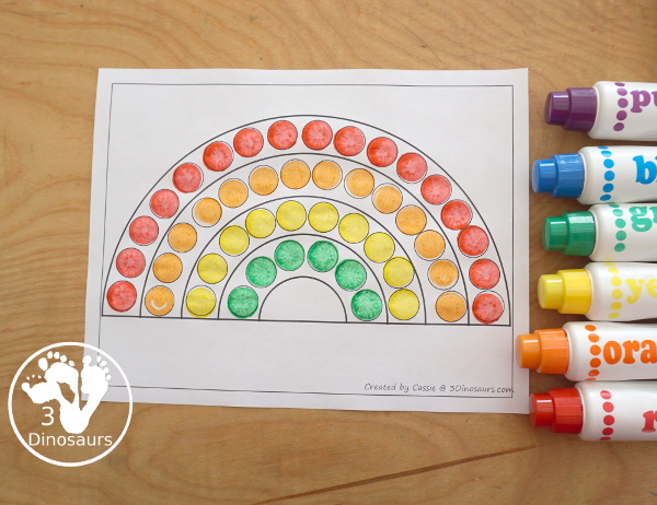 Free Rainbow Fine Motor Dot Marker Printables -  with six pages of printables with rainbows template to color, rainbows to trace, rainbow to q-tip and a dot marker rainbow, all great for spring fine motor centers. - 3Dinosaurs.com