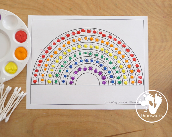 Free Rainbow Fine Motor Dot Marker Printables -  with six pages of printables with rainbows template to color, rainbows to trace, rainbow to q-tip and a dot marker rainbow, all great for spring fine motor centers. - 3Dinosaurs.com