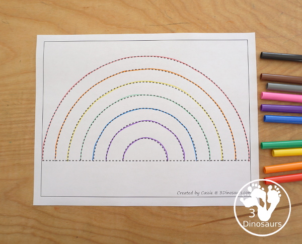 Free Rainbow Fine Motor Dot Marker Printables -  with six pages of printables with rainbows template to color, rainbows to trace, rainbow to q-tip and a dot marker rainbow, all great for spring fine motor centers. - 3Dinosaurs.com