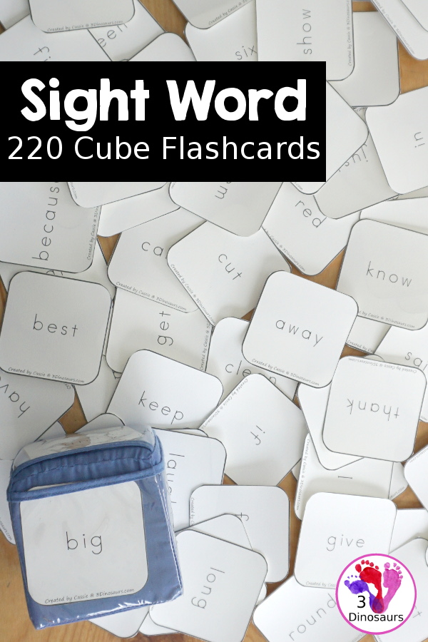 Free Cube Sight Word Flashcards - All 220 Dolch Sight Words - 6 cube cards on each page with cards for eash Dolch sight word list: preprimer, primer, first grade, second grade, and third grade - 3Dinosaurs.com