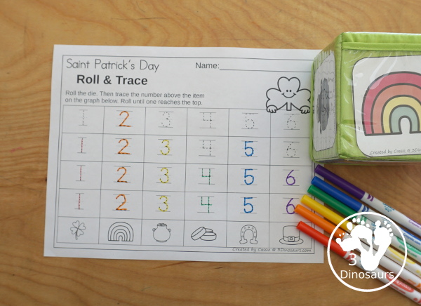 St. Patrick's Day Roll & Graph With Trace Letters, Numbers & Shapes with a folding die and cube die with a graphing sheet, graphing with tracing numbers, graphing with tracing letters and graphing with tracing shapes. All with a fun St. Patrick's Day Theme for prek and kindergarten - 3Dinosaurs.com