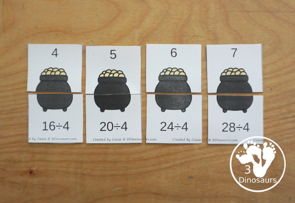 St. Patrick's Day Multiplication & Division Cut & Paste and Matching with cut and paste worksheets for division and multiplication with numbers 1 to 12 and match puzzles and matching mats for division and multiplication - 3Dinosaurs.com