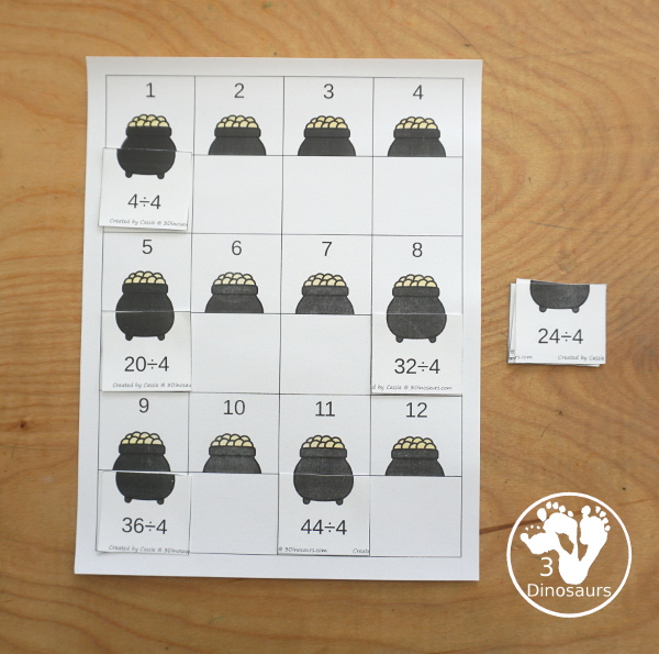St. Patrick's Day Multiplication & Division Cut & Paste and Matching with cut and paste worksheets for division and multiplication with numbers 1 to 12 and match puzzles and matching mats for division and multiplication - 3Dinosaurs.com