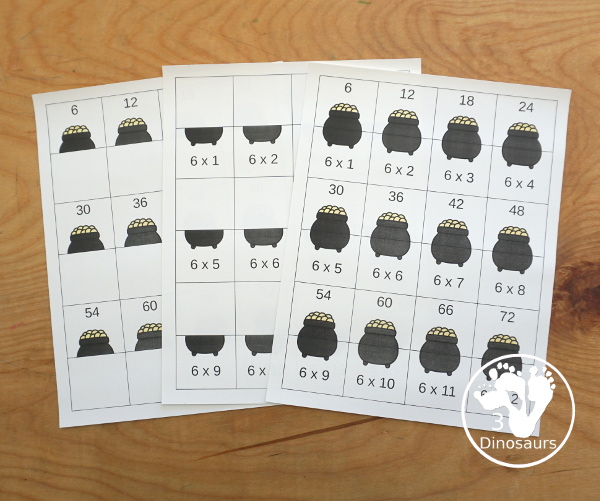 St. Patrick's Day Multiplication & Division Cut & Paste and Matching with cut and paste worksheets for division and multiplication with numbers 1 to 12 and match puzzles and matching mats for division and multiplication - 3Dinosaurs.com