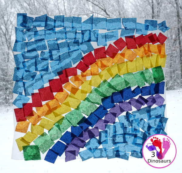 Tissue Paper Rainbow - a great craft you can make to hang in a window or display in a room. A great spring fine motor craft for kids - 3Dinosaurs.com