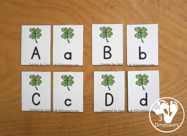 Free Clover ABC Pack - Matching ABC cards, ABC matching puzzles, uppercase tracing chart, lowercase ABC tracing chart and handwriting pages - 3Dinosaurs.com