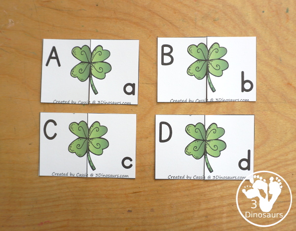 Free Clover ABC Pack - Matching ABC cards, ABC matching puzzles, uppercase tracing chart, lowercase ABC tracing chart and handwriting pages - 3Dinosaurs.com