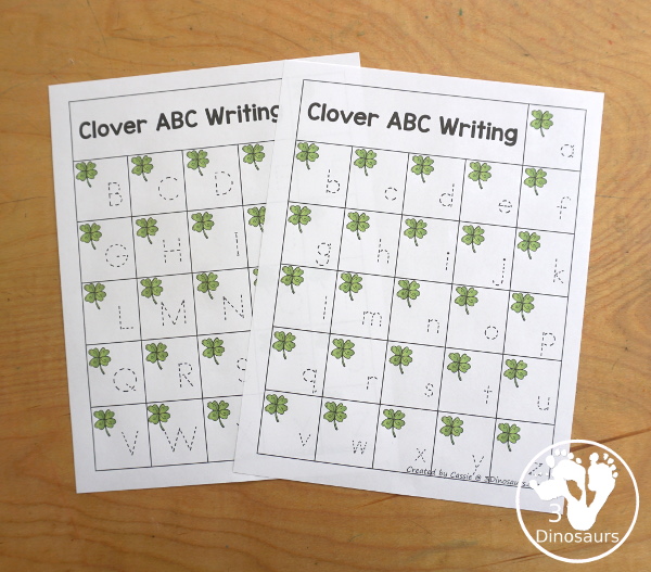 Free Clover ABC Pack - Matching ABC cards, ABC matching puzzles, uppercase tracing chart, lowercase ABC tracing chart and handwriting pages - 3Dinosaurs.com