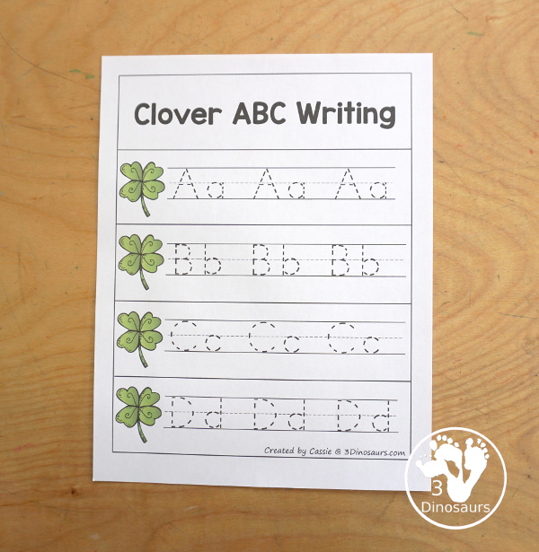 Free Clover ABC Pack - Matching ABC cards, ABC matching puzzles, uppercase tracing chart, lowercase ABC tracing chart and handwriting pages - 3Dinosaurs.com