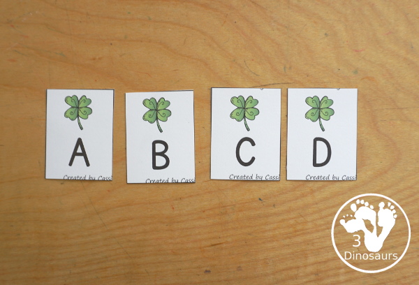 Free Clover ABC Pack - Matching ABC cards, ABC matching puzzles, uppercase tracing chart, lowercase ABC tracing chart and handwriting pages - 3Dinosaurs.com