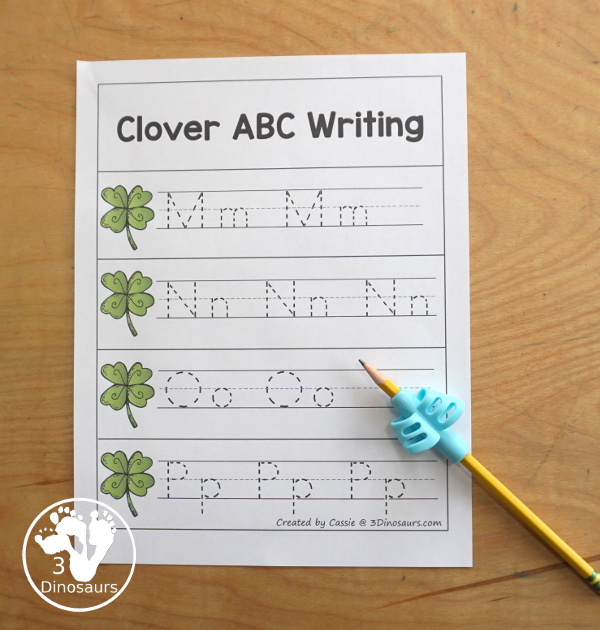 Free Clover ABC Pack - Matching ABC cards, ABC matching puzzles, uppercase tracing chart, lowercase ABC tracing chart and handwriting pages - 3Dinosaurs.com
