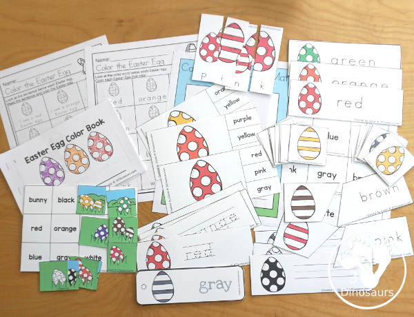 Easter Egg Color Pack - You have easy reader book, clip cards, writing, tracing, bookmarks, puzzles and more. All with Easter eggs in 11 different colors. - 3Dinosaurs.com
