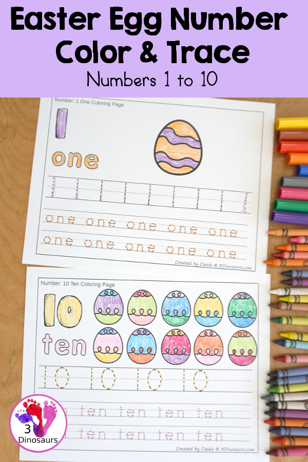 Free Easter egg Number Color & Trace - Numbers o to 10 with counting the Easter egg and tracing the number and number word for each number with 11 pages of printables for prek and kindergarten - 3Dinosaurs.com