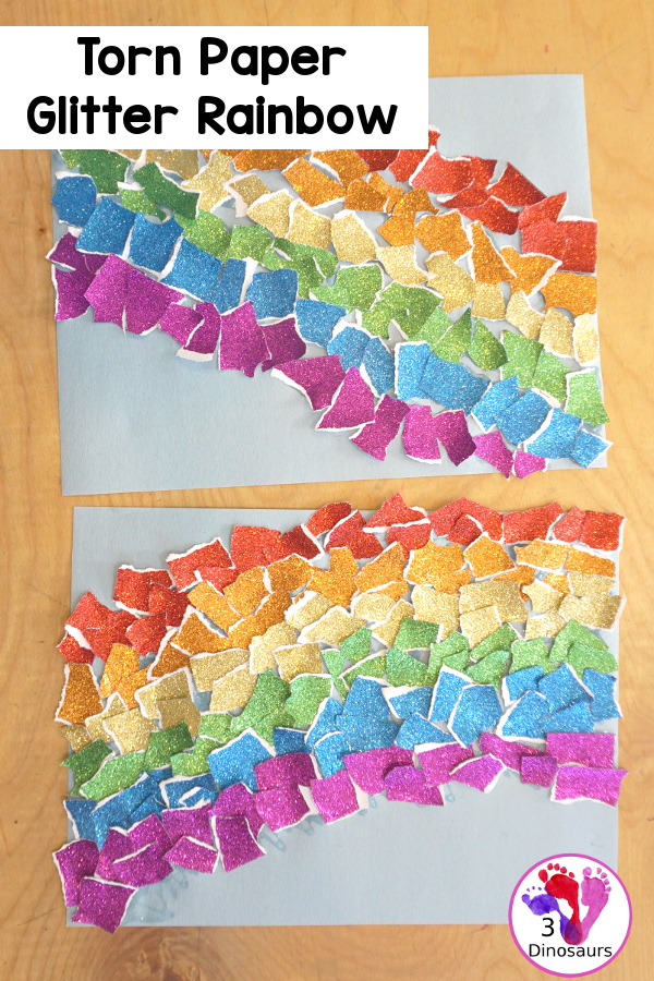 Torn Paper Glitter Rainbow Craft - a simple rainbow you can make with torn glitter paper. A simple rainbow for kids tot to kindergarten - 3Dinosaurs.com