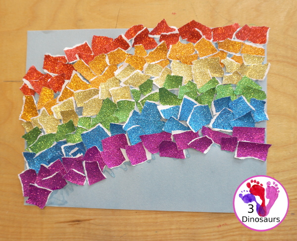 Torn Paper Glitter Rainbow Craft - a simple rainbow you can make with torn glitter paper. A simple rainbow for kids tot to kindergarten - 3Dinosaurs.com