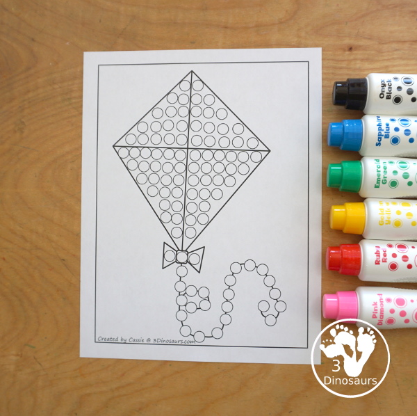 Free Kite Fine Motor Mat - a fun fine motor mat set for spring. You have kite templates, kite tracing, kite dot markers, and kite q-tip printables. All fun to use for a spring theme for fine motor centers of different kids.- 3Dinosaurs.com