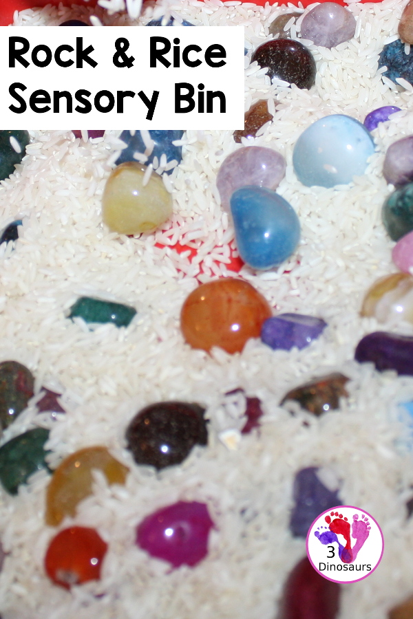 Rock & Rice Sensory Bin - a simple rock and rice sensory bin you can use with kids. Just add cups and scoops rice and rocks for fun sensory play - 3Dinosaurs.com