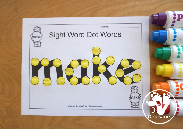Romping & Roaring Preprimer Sight Words: look, make, me, my-  6 pages of activities for each preprimer sight words: look, make, me, my. These are great for easy to use learning centers - 3Dinosaurs.com