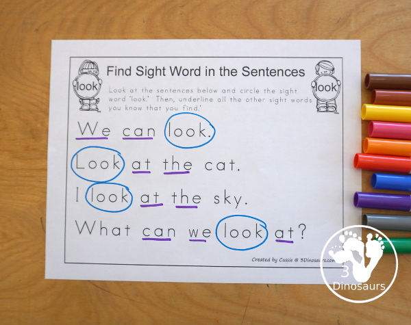 Romping & Roaring Preprimer Sight Words: look, make, me, my-  6 pages of activities for each preprimer sight words: look, make, me, my. These are great for easy to use learning centers - 3Dinosaurs.com