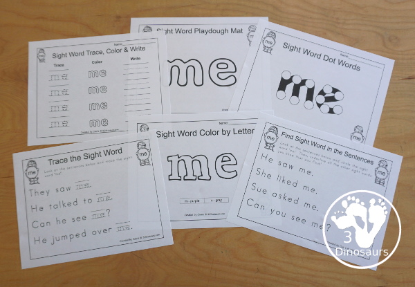 Romping & Roaring Preprimer Sight Words: look, make, me, my-  6 pages of activities for each preprimer sight words: look, make, me, my. These are great for easy to use learning centers - 3Dinosaurs.com