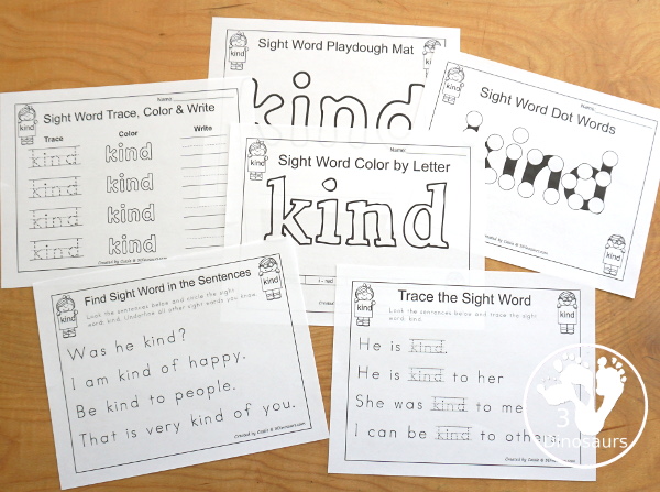 Free Romping & Roaring Third Grade Sight Words Packs Set 6: Kind, Laugh, Light, Long - 6 pages of activities for each third Grade sight words: kind, laugh, light, long. These are great for easy to use learning centers - 3Dinosaurs.com