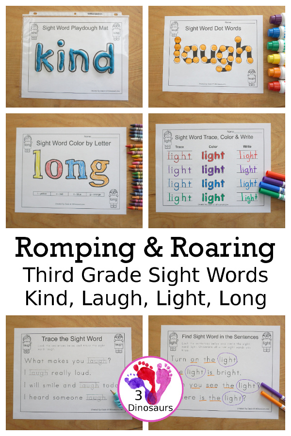 Free Romping & Roaring Third Grade Sight Words Packs Set 6: Kind, Laugh, Light, Long - 6 pages of activities for each third Grade sight words: kind, laugh, light, long. These are great for easy to use learning centers - 3Dinosaurs.com