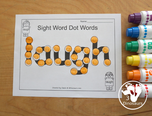 Free Romping & Roaring Third Grade Sight Words Packs Set 6: Kind, Laugh, Light, Long - dot marker sight words page has the word with dots on the letters to make a fun find motor center for sight words - 3Dinosaurs.com