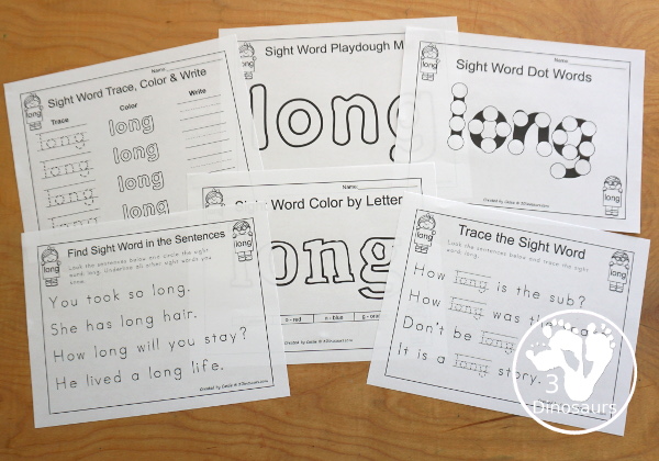 Free Romping & Roaring Third Grade Sight Words Packs Set 6: Kind, Laugh, Light, Long - 6 pages of activities for each third Grade sight words: kind, laugh, light, long. These are great for easy to use learning centers - 3Dinosaurs.com