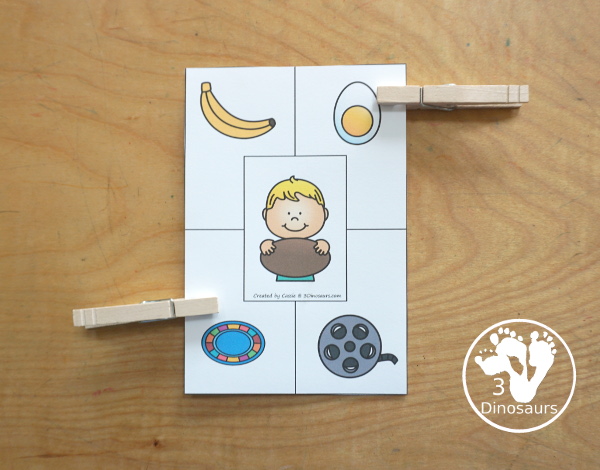 Free Shape Clip Card Printables - Clip the Same Shape - You have 12 shapes clip cards with two shapes to clip on each card with a kid in the middle holding the shape - 3Dinosaurs.com