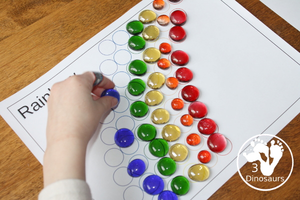 Free St Patrick's Day Dot Markers Printables  has two versions with dot to make clover and rainbow and dot marker letters for St. Patrick's Day themes - 3Dinosaurs.com