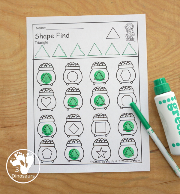 St Patrick's Day Shape Find  has two types of shape finds with geometric shapes and shape word finds. You have tracing the shape at the top and then finding the shape below - 3Dinosaurs.com