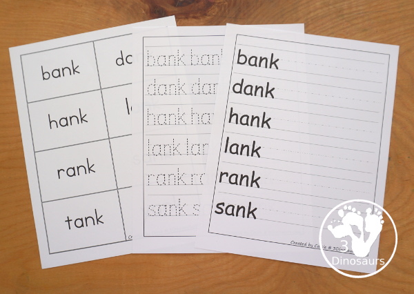 Free CVCC Word Family Cards & Writing - ANK. You have flashcards, writing worksheets and tracing worksheet for kids to use to work on -nk words. These are great for first grade and second grade learning to read printables - 3Dinosaurs.com