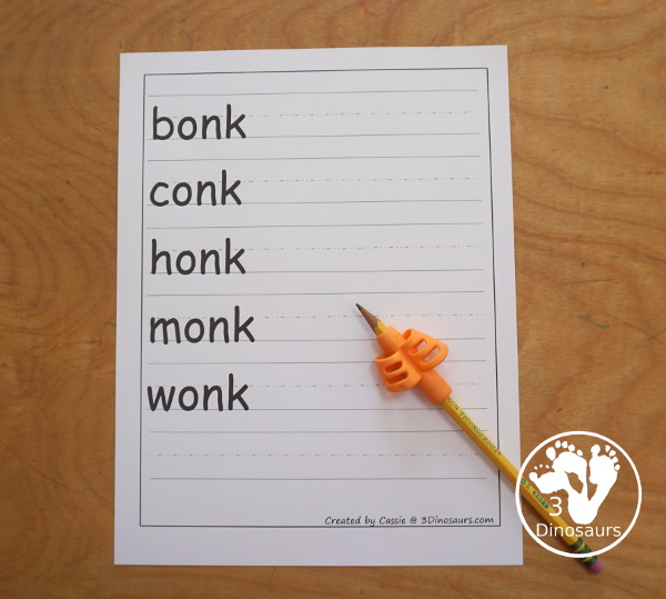 Free CVCC Word Family Cards & Writing - ANK, INK, ONK, UNK. You have flashcards, writing worksheets and tracing worksheet for kids to use to work on -nk words. These are great for first grade and second grade learning to read printables - 3Dinosaurs.com
