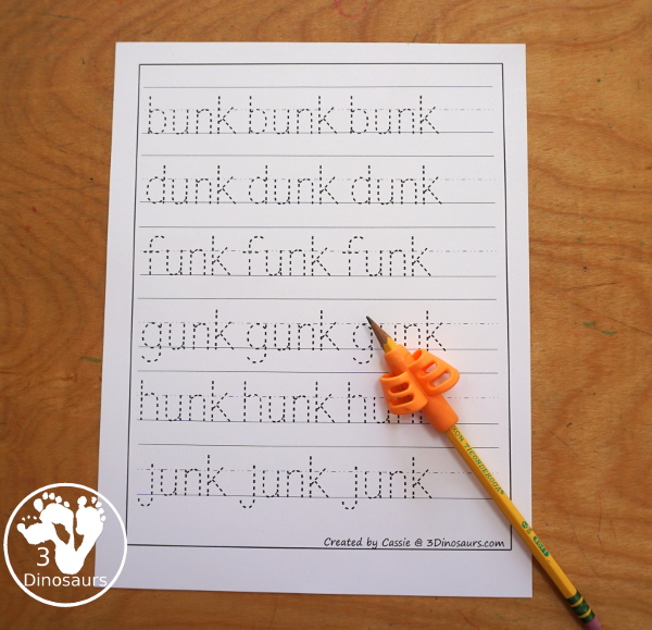 Free CVCC Word Family Cards & Writing - ANK, INK, ONK, UNK. You have flashcards, writing worksheets and tracing worksheet for kids to use to work on -nk words. These are great for first grade and second grade learning to read printables - 3Dinosaurs.com