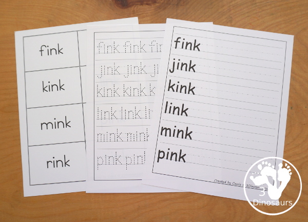 Free CVCC Word Family Cards & Writing - INK. You have flashcards, writing worksheets and tracing worksheet for kids to use to work on -nk words. These are great for first grade and second grade learning to read printables - 3Dinosaurs.com