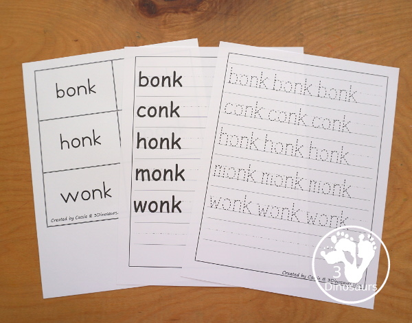 Free CVCC Word Family Cards & Writing - ONK. You have flashcards, writing worksheets and tracing worksheet for kids to use to work on -nk words. These are great for first grade and second grade learning to read printables - 3Dinosaurs.com