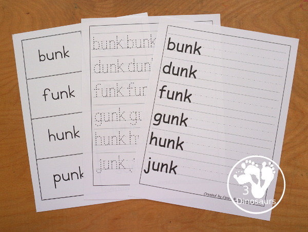 Free CVCC Word Family Cards & Writing - UNK. You have flashcards, writing worksheets and tracing worksheet for kids to use to work on -nk words. These are great for first grade and second grade learning to read printables - 3Dinosaurs.com