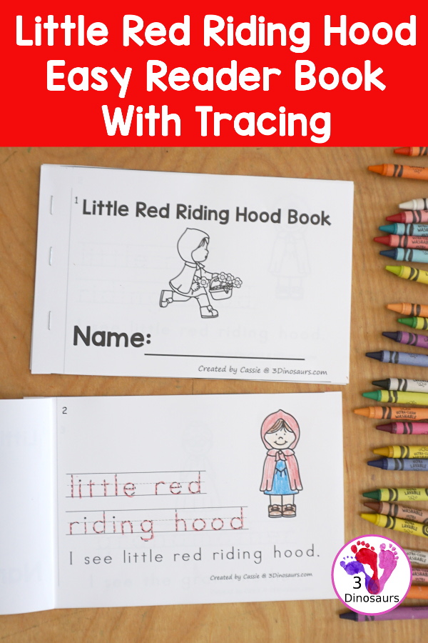 Free Little Red Riding Hood Easy Reader Book with tracing. This enjoyable 10-page book features various words from the story for kids to trace and then read the corresponding sentences. It is a super simple, easy reader book for children based on the Little Red Riding Hood story. - 3Dinosaurs.com