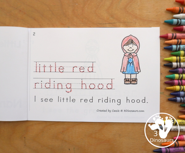 Free Little Red Riding Hood Easy Reader Book with tracing. This enjoyable 10-page book features various words from the story for kids to trace and then read the corresponding sentences. It is a super simple, easy reader book for children based on the Little Red Riding Hood story. - 3Dinosaurs.com