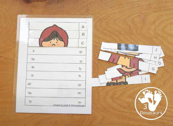 Free Little Red Riding Hood Alphabetical Order Puzzle Printable has three puzzles for kids to put the uppercase letters in order. The puzzles start with letters at the top and work their way down to put them in ascending order. 3Dinosaurs.com