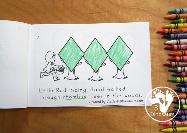 Free Little Red Riding Hood Shape Woods Easy Reader Book - a fun 14 page easy reader book with different shape trees for Little Red Riding Hood to walk to through on the way to Grandma's House. - 3Dinosaurs.com