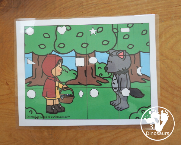 Free Little Red Riding Hood Shape Puzzle Printable for kids with matching geometric shape to the shape word on the mat. A great shape and Little Red Riding Hood printable for kids learning shapes. Plus fun theme for kids - 3Dinosaurs.com