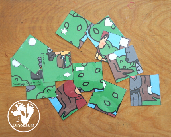 Free Little Red Riding Hood Shape Puzzle Printable for kids with matching geometric shape to the shape word on the mat. A great shape and Little Red Riding Hood printable for kids learning shapes. Plus fun theme for kids - 3Dinosaurs.com